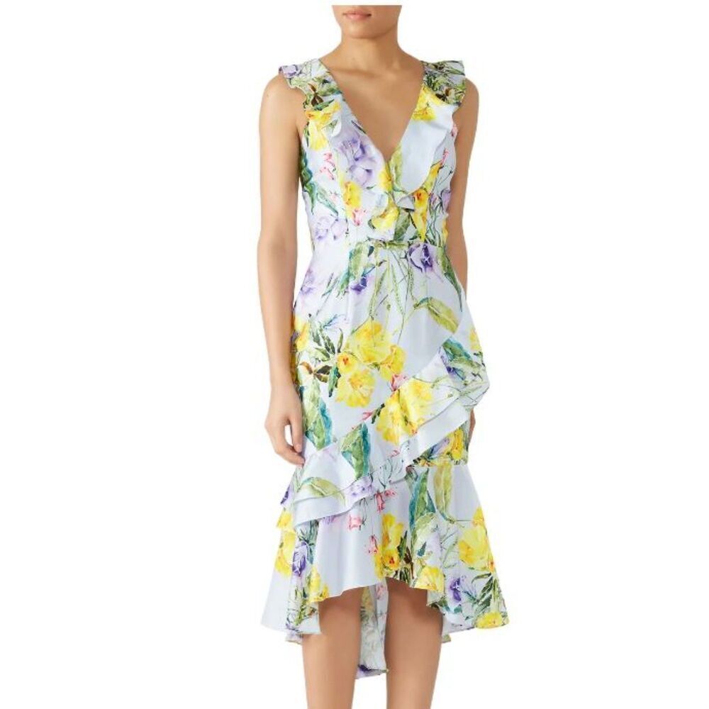 Vone Aini Dress Floral Silky Sleeveless Ruffles Slit Layers‎ Side Zip Size 4